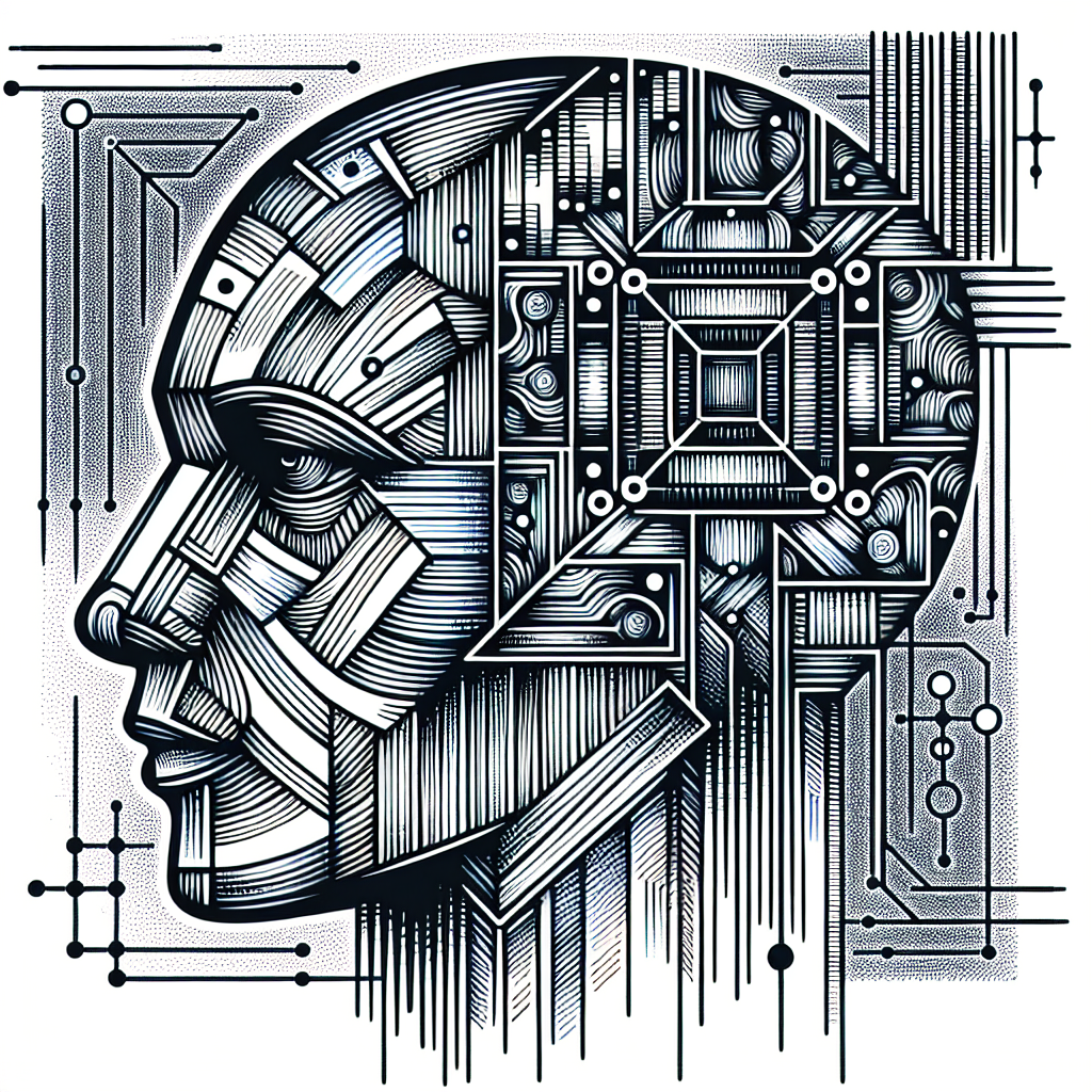 صورة فنية تجريدية لرأس إنسان مُشكّل من دوائر إلكترونية وأشكال هندسية باللونين الأبيض والأسود.